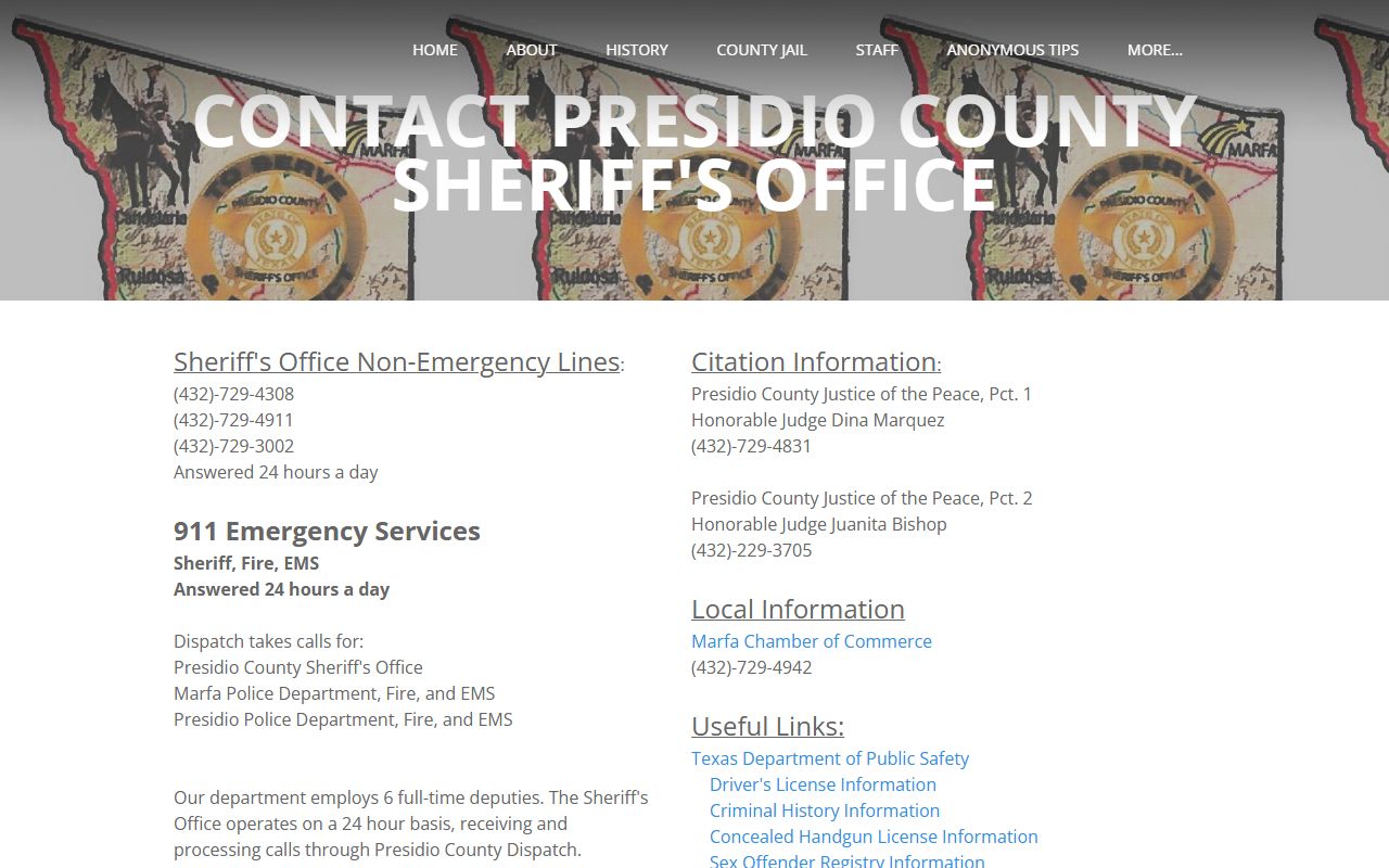 Presidio County inmate records sheriff contact page with jail phone lines
